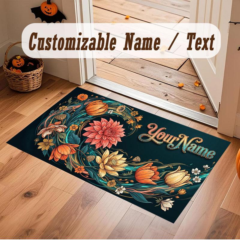 Floral Garden Theme Crystal Velvet Floor Rug Personalized Custom Name Text Warm Carpet Home Decoration