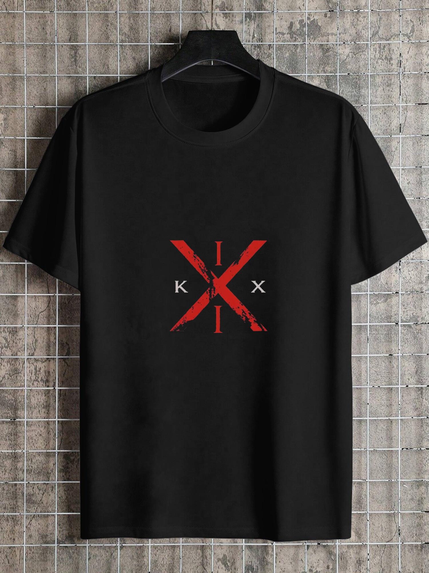1pc Rock Band Logo Graphic T-shirt - Black with Red Geometric Print XXXXL