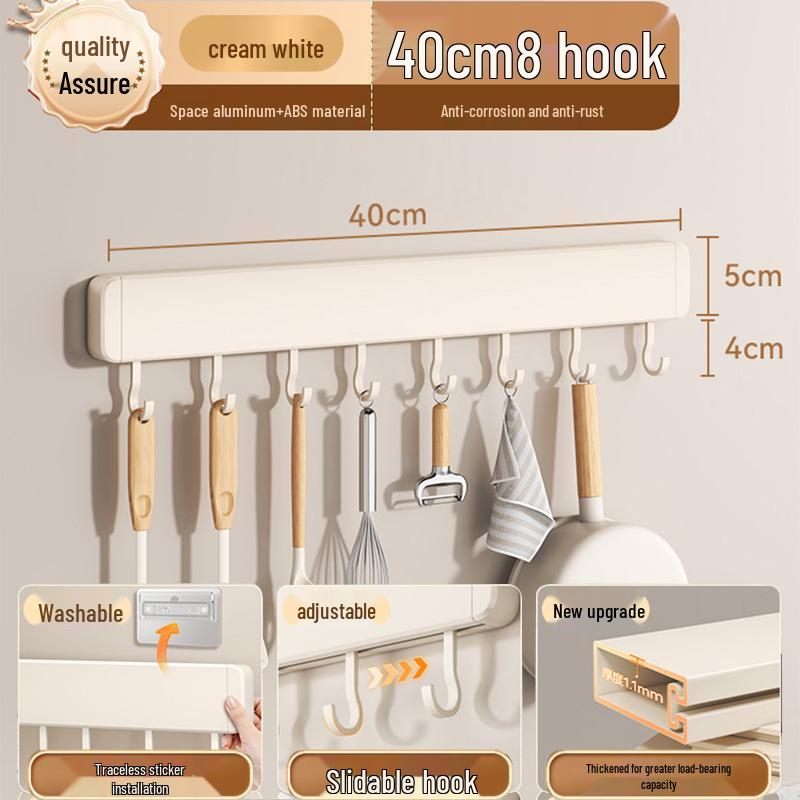No-Drill Wall-Mounted White Kitchen Hook Rack for Pots, Lids, and Utensils