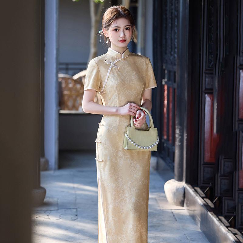 Yellow national style new Chinese long cheongsam improved young women s high sense retro slim short sleeves summer S