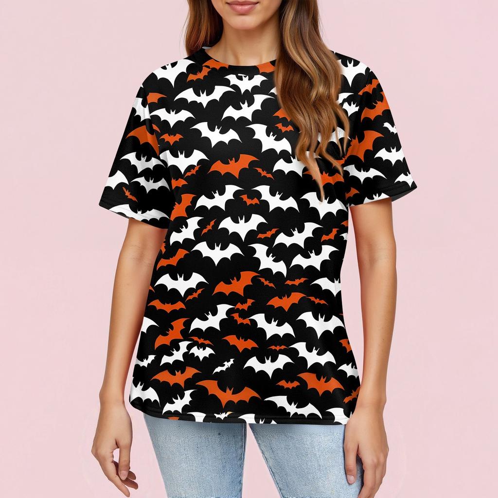 Dame Moteable Casual Kortermet Halloween-trykk Rund Hals Pullovertopp