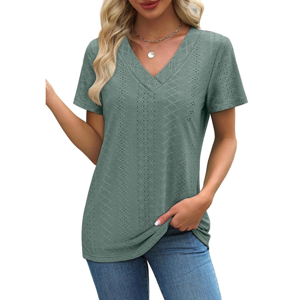 Women's Fashion Casual Short Sleeve V-Neck Court Lock T-Shirt Top