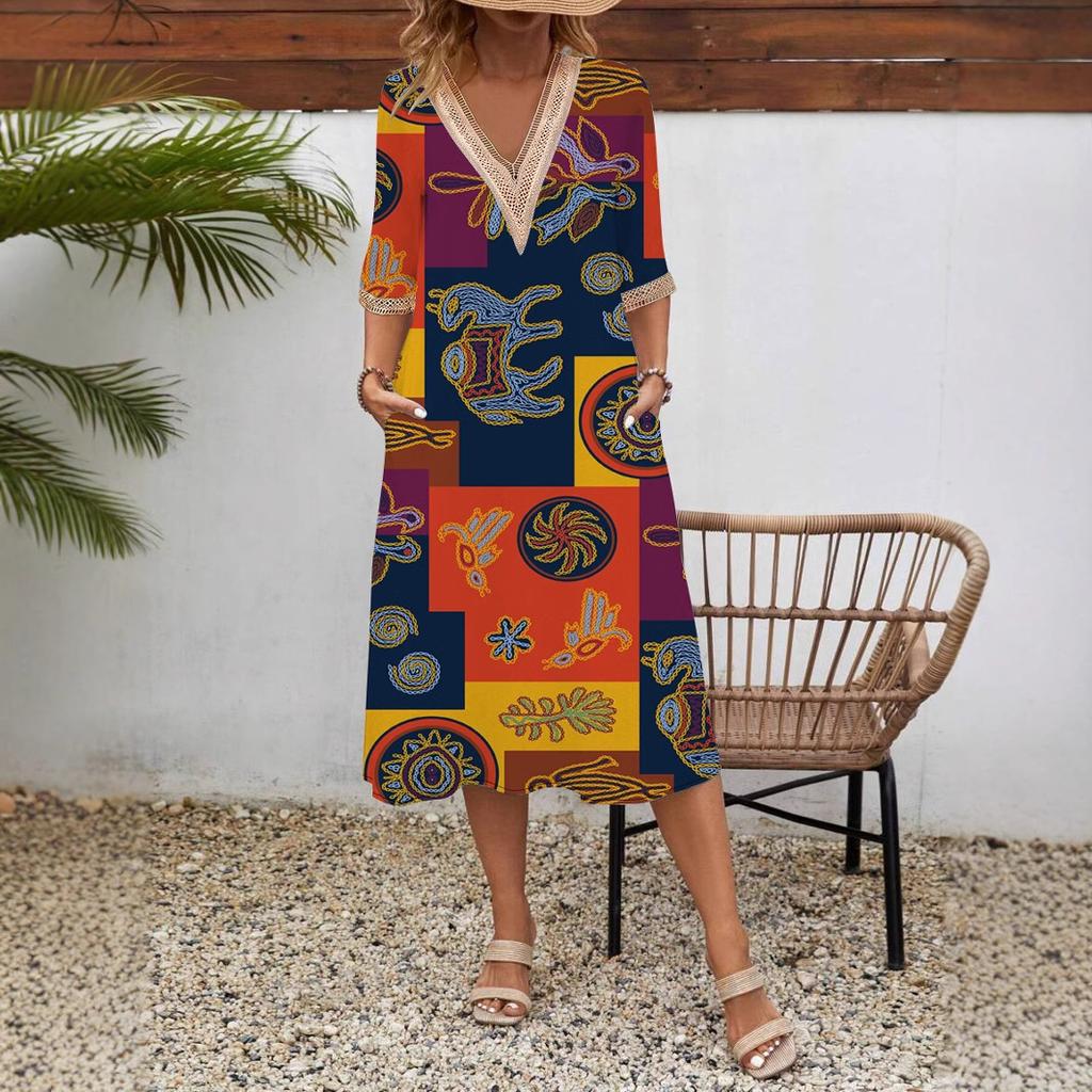 Damen Frühling/Sommer Bedrucktes Kurzarmkleid Spitze V-Ausschnitt Locker Swing Kurzarm Mittellanges Kleid