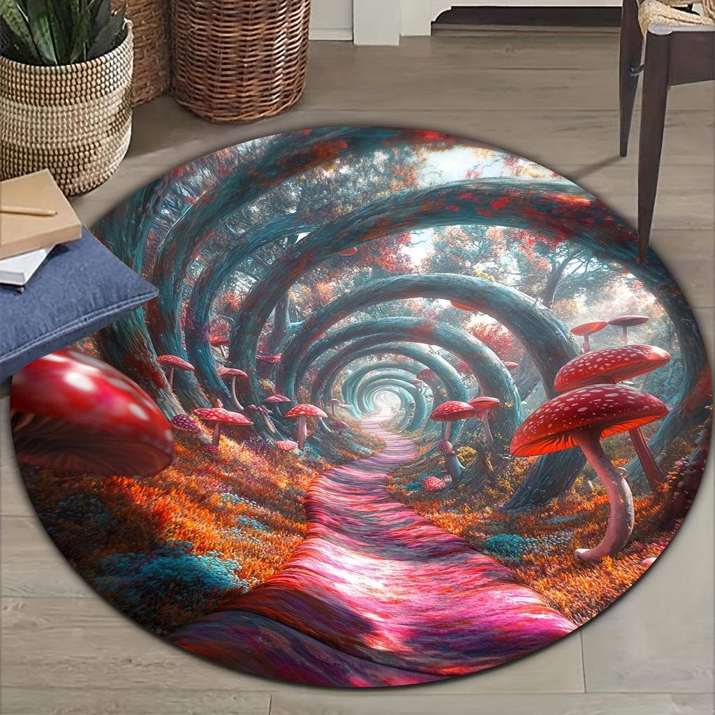 Flannel Printed Round Rug With Magical Mushroom Forest Design For Home Decor Soft Floor Mat Fantasy Art Theme Boho Style