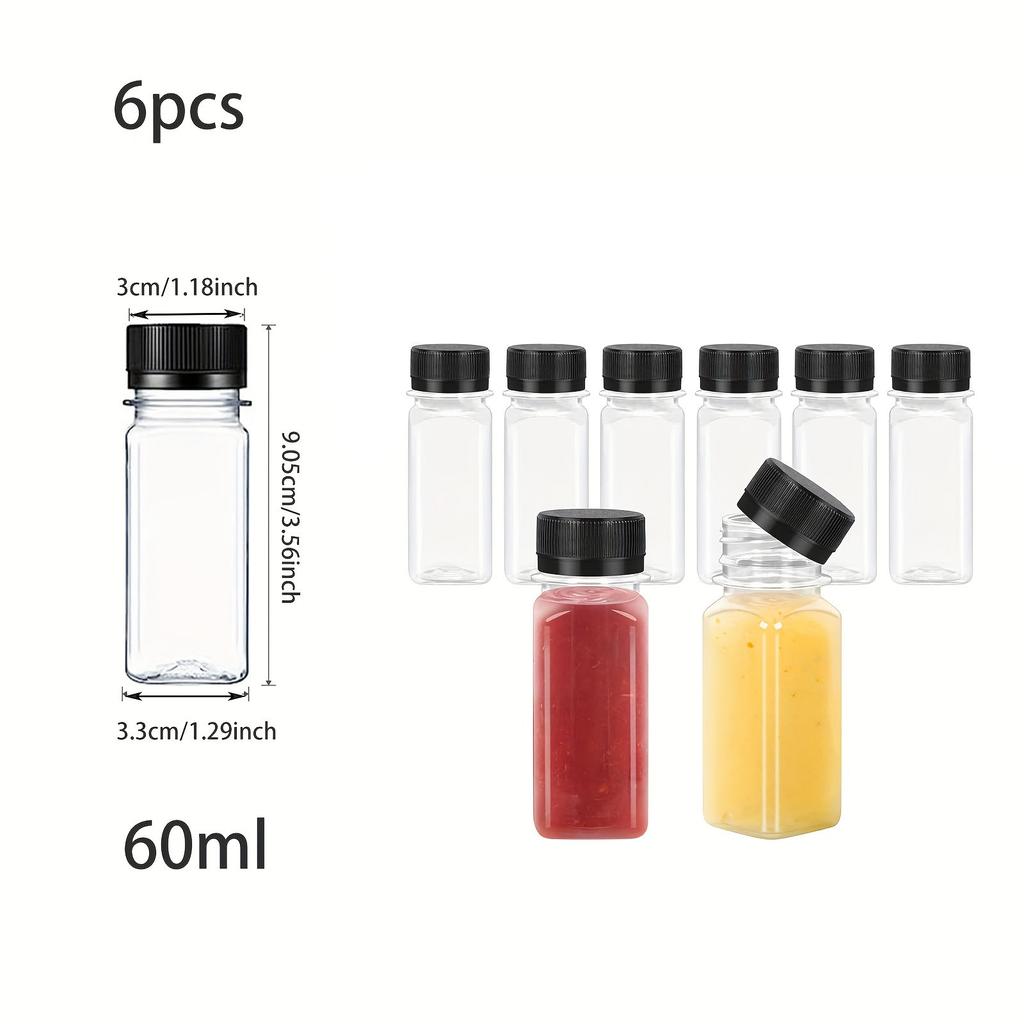 6pcs Reusable Transparent Plastic Juice Bottles with Lids, For Beverages, Smoothies, Milkshakes, Fridge Storage Containers