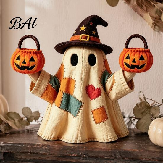 Halloween Tabletop Ornaments Lighted Vintage Patchwork Ghost, LED Light Up Ghost with Pumpkin Lantern, Spooky Indoor Party Supplies Cute Decor
