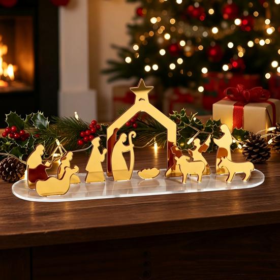 Office Holiday Decor Christmas Acrylic Ornament, Mirrored Golden Silhouette Scene, Decorative Modern Craft Desktop Display for Living Room Fireplace