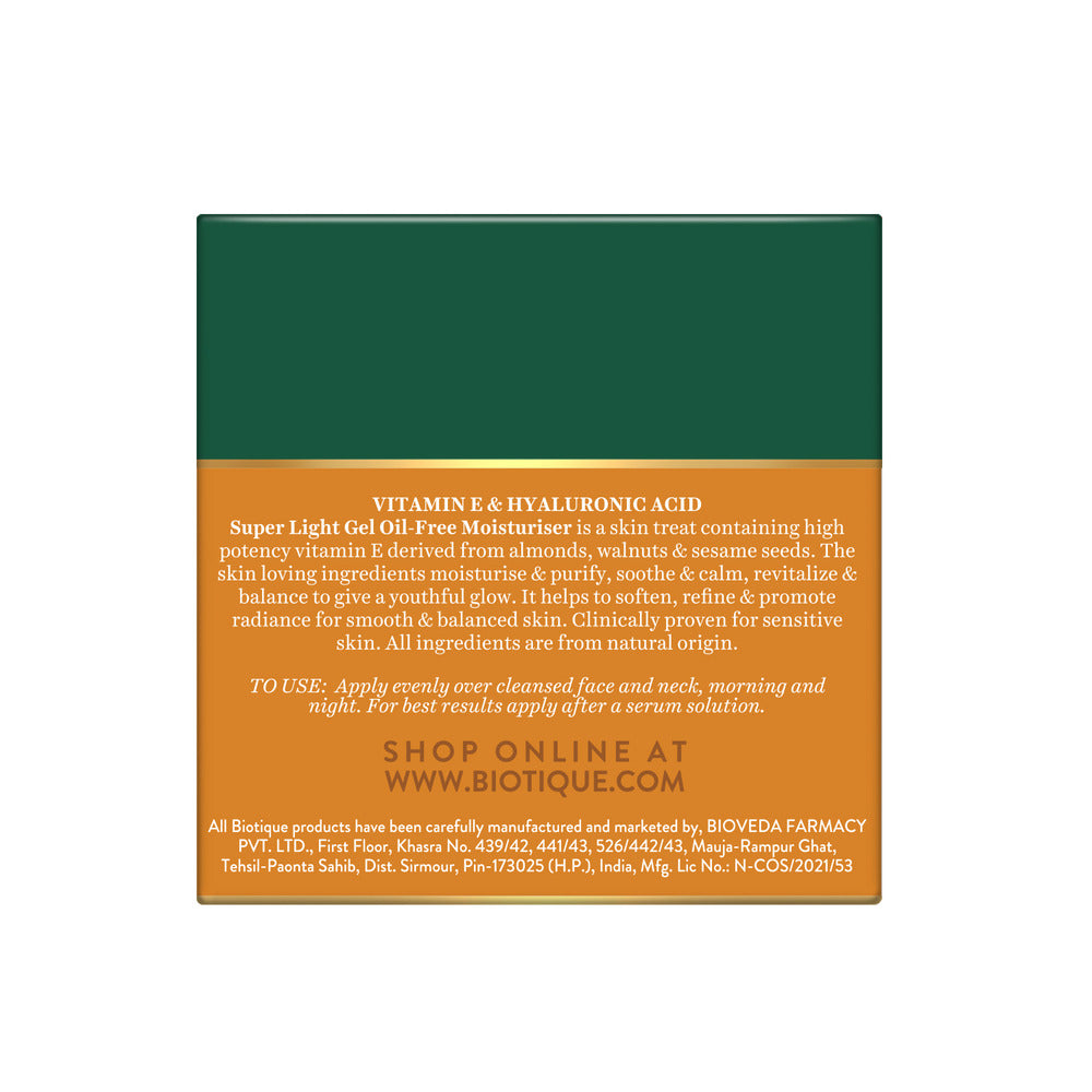 Biotique Vitamin E Hyaluronic Acid Moisturizer 50g Oil-Free Gel Cream For Face & Neck Glowing Skin