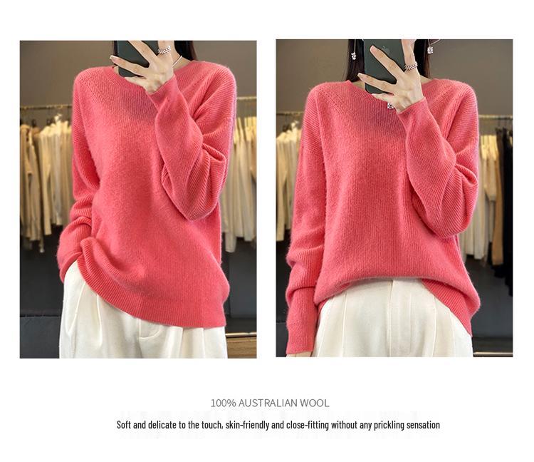 Women's Slimming Wool Pullover Sweater - Loose Knit, Versatile Autumn/Winter Base Layer, Solid Color, Round Neck.