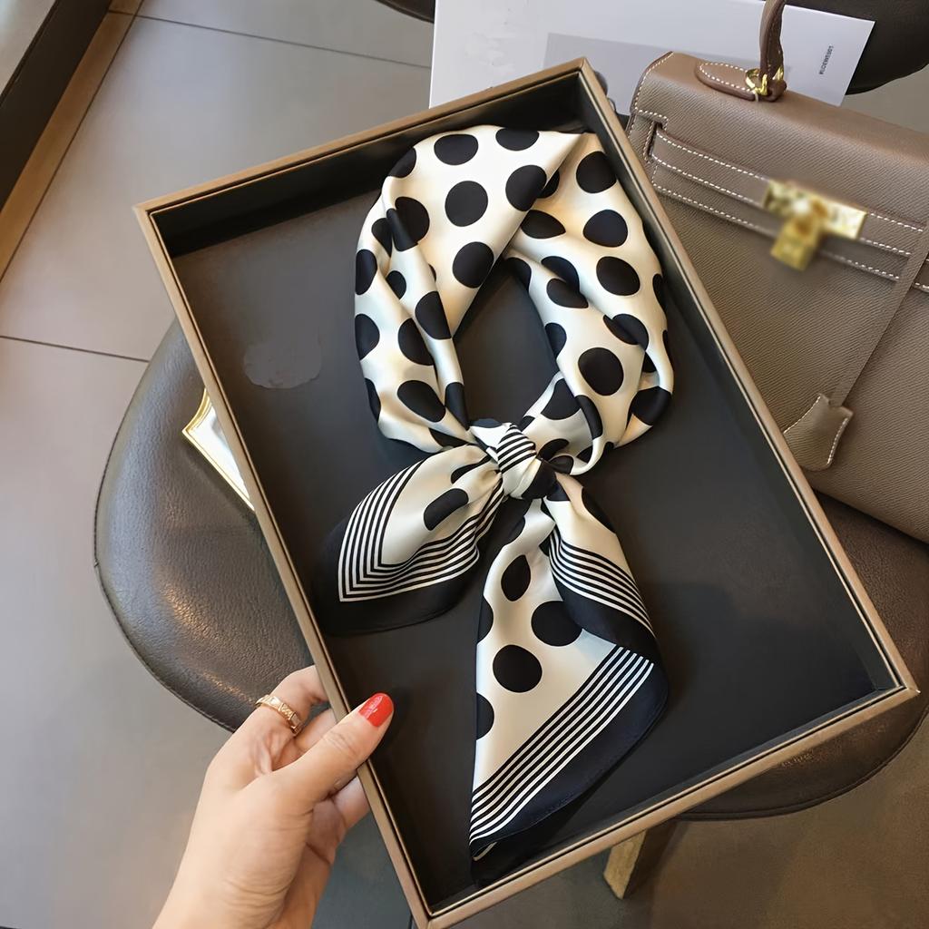 27" Black White Polka Dot Square Scarf Elegant Style Thin Silky Neck Scarf Casual Decorative Hairband For Women