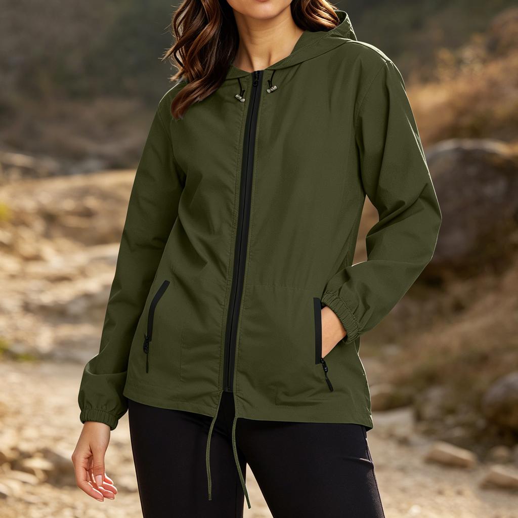 Women's Plus Size Lightweight Hooded Jacket Long Sleeve Zip Up Foldable Windbreaker with Storage Bag Outdoor Casual Coat
