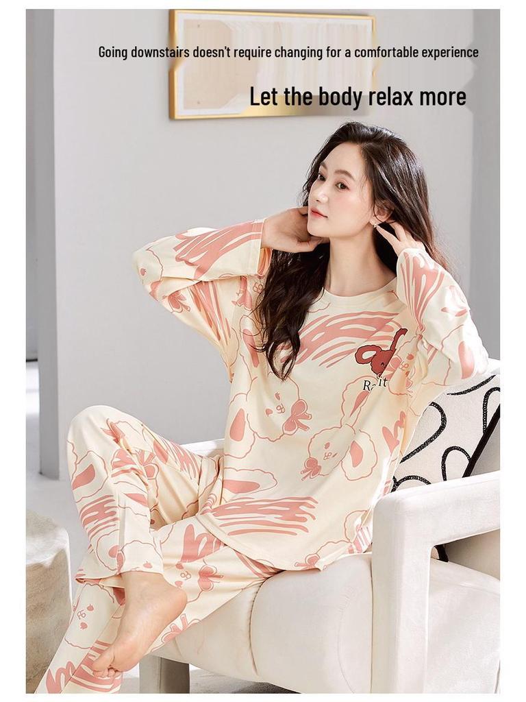 Women's 2025 Long-Sleeve Cartoon Pullover Pajamas with Chest Pad - Versatile Cotton Set for Indoor/Outdoor Wear (Autumn/Winter).