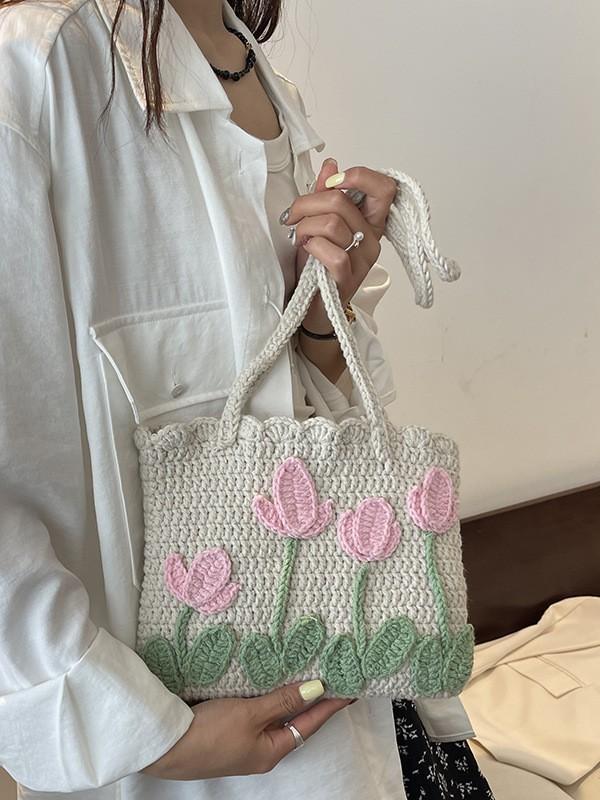 No Brand Handmade Knitted Tote Bag With Woven Pattern For Casual Daily Use