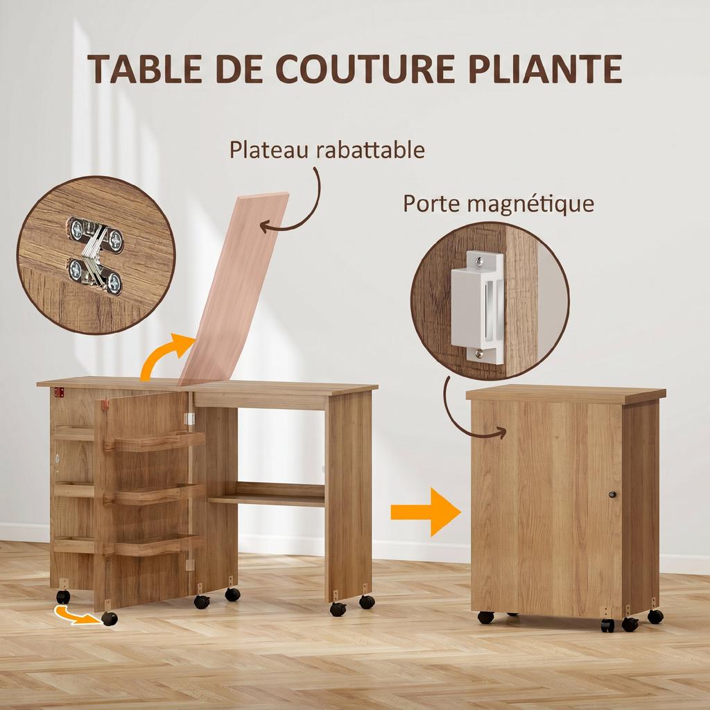 Folding sewing table, sewing furniture with drop-down leaf, storage bins, open shelf and casters, brown