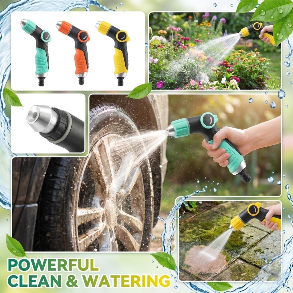High Pressure Household Water Spray Nozzle Adjustable Garden Hose Watering Gun for Car Washing Cleaning Windows and Outdoor Surfaces