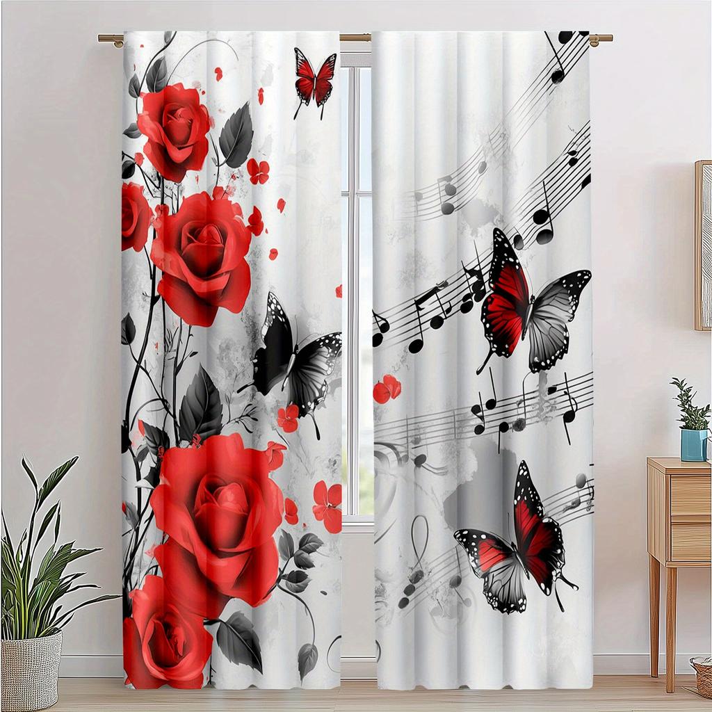 Set Of 2 Red Rose Butterfly Print Curtains Polyester Fabric Suitable Bedroom Living Room Decoration Curtain Machine Washable Perfect For Area