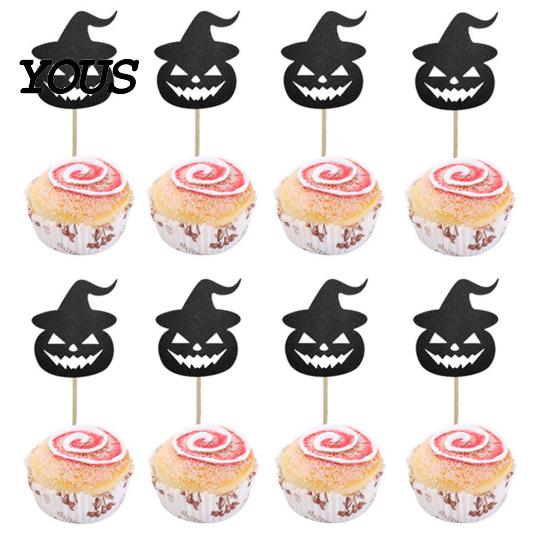 Stiff Cake Topper for Desserts 8 Pcs Halloween Cupcake Toppers, Black Glitter Witch Hat Pumpkin Burr-free Picks Party Supplies, Birthday Decoration