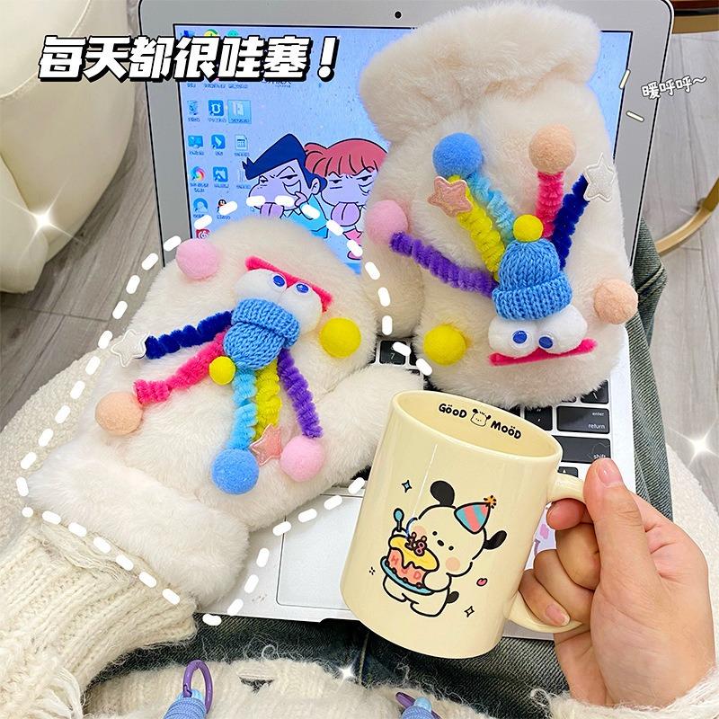 Warm Gloves Women's Winter Candy Color Plush Student Funny Gloves Thickened Velvet Knitted Color Cold Ride
