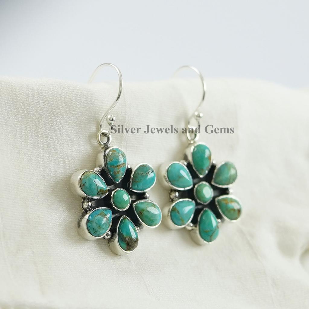 Natural Turquoise Dainty Flower Earrings, Dangle Earrings, 925 Sterling Silver Earrings, Cluster Jewelry, Gift for Mom, Birthday Earrings