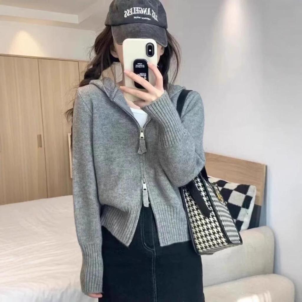 Damen Kapuzen-Cardigan aus Wolle-Kaschmir mit Doppelreißverschluss