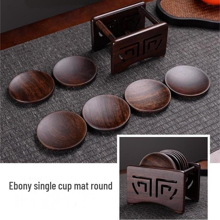 Ebony Wood Carved Non-Slip Tea Coaster Set - Retro Anti-Scald Pad for Tea Ceremony