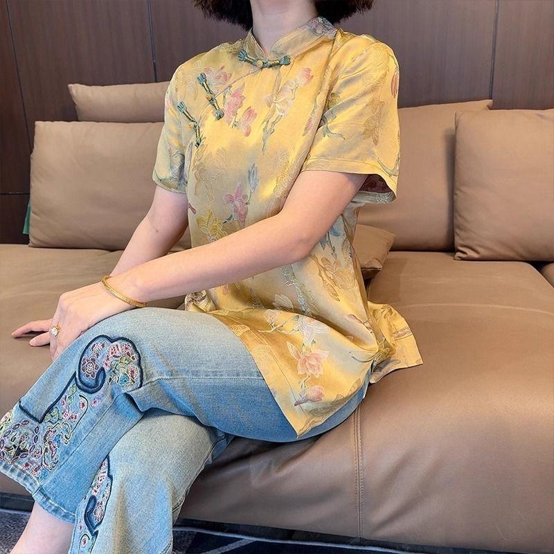 2025 summer retro luxury yellow printed shirt mother style daily wear shirt