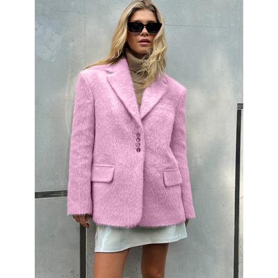 Frauen Rosa Woll Revers Blazer Mantel Mode Elegante Lange Ärmel Tasche Einzelne Brust Mantel Weibliche High Street Outwear