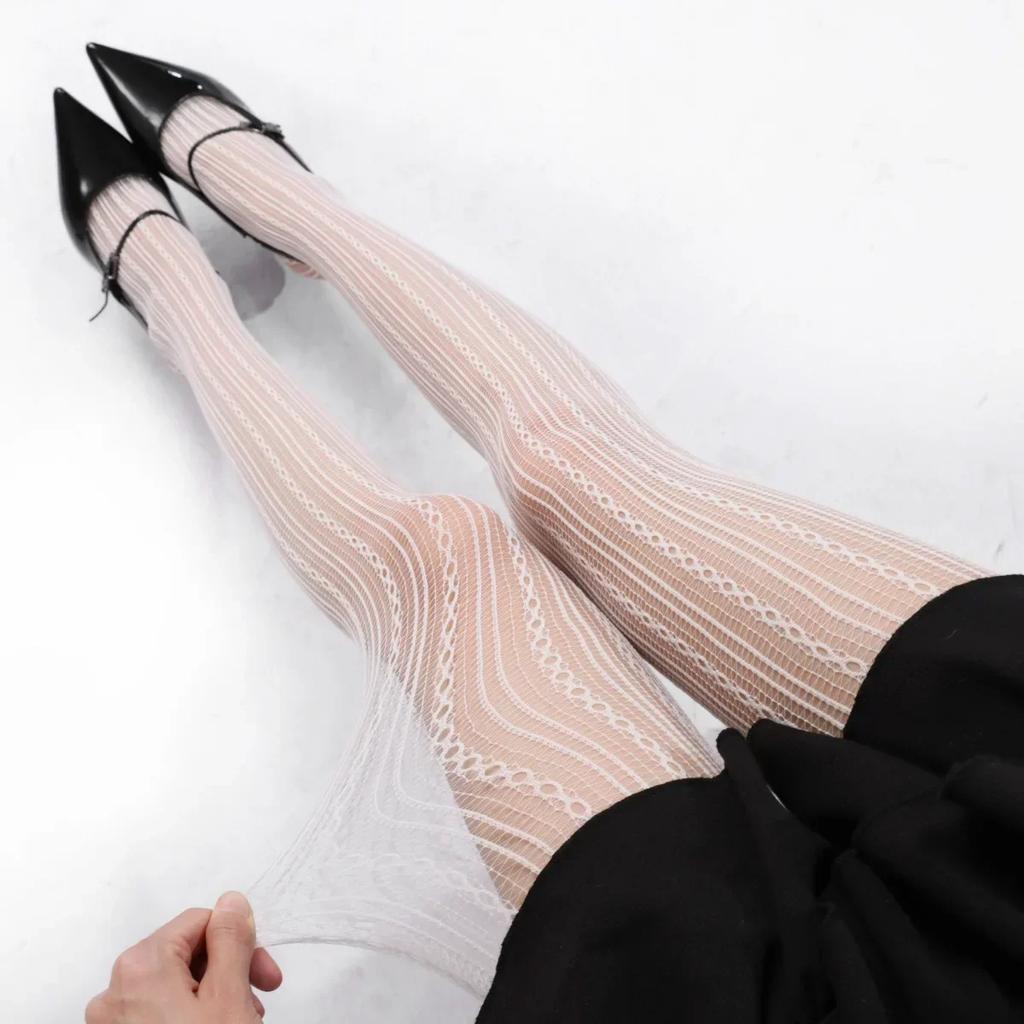 Goth Lace Fishnet Stockings Y2K Hollow Out Solid Pantyhose Jk Japanese Style High Waist Vintage Rhombus Striped Tights