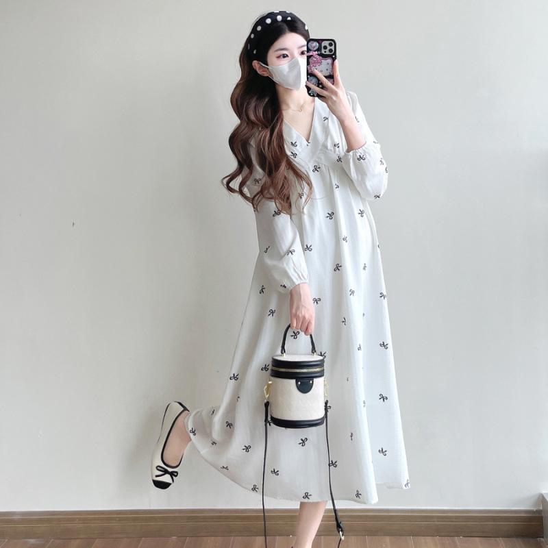 2026 Autumn New Floral French Slimming Maternity Midi Dress L