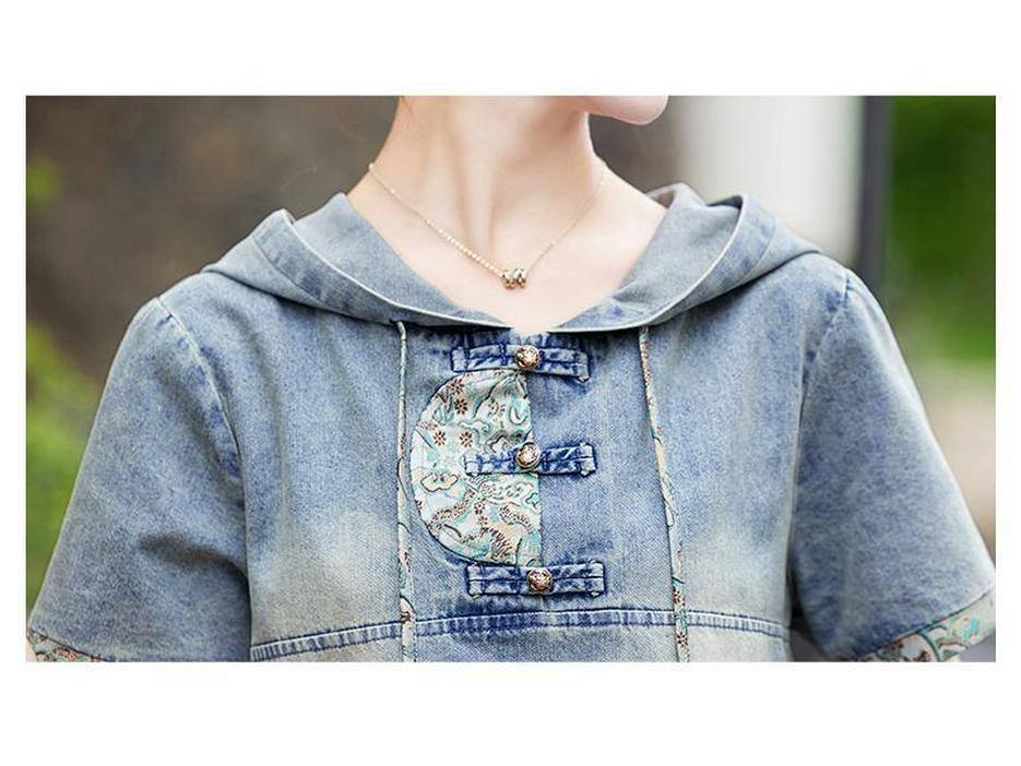 Conjunto de Saia Jeans com Capuz Bordada Chinesa Retrô para Mulheres - Verão 2026