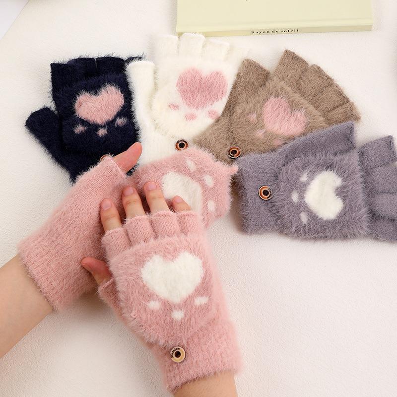 Winter Thicken Cat Paw Pattern Gloves for Women Girls Outdoor Warm Plush Mittens Fashion Solid Soft Plush Half Finger Gloves