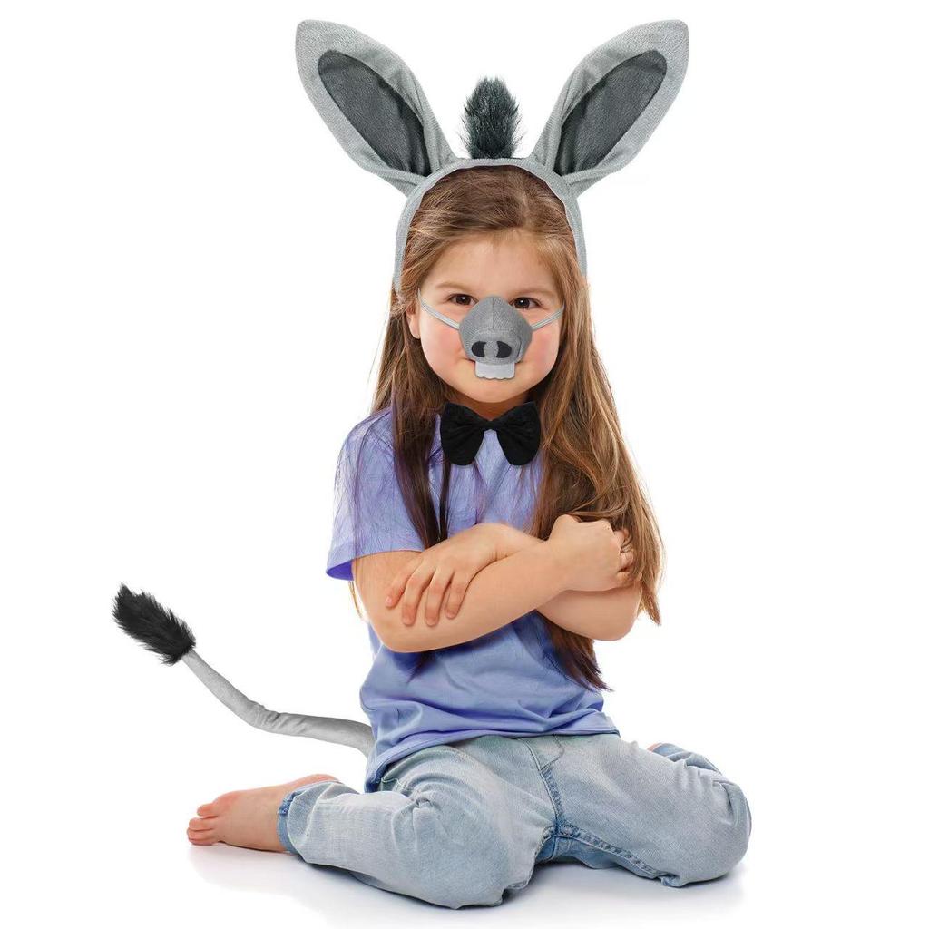 Children's Halloween Donkey Costume Set: Animal Ear Headband, Butterfly Bow, and Tail.