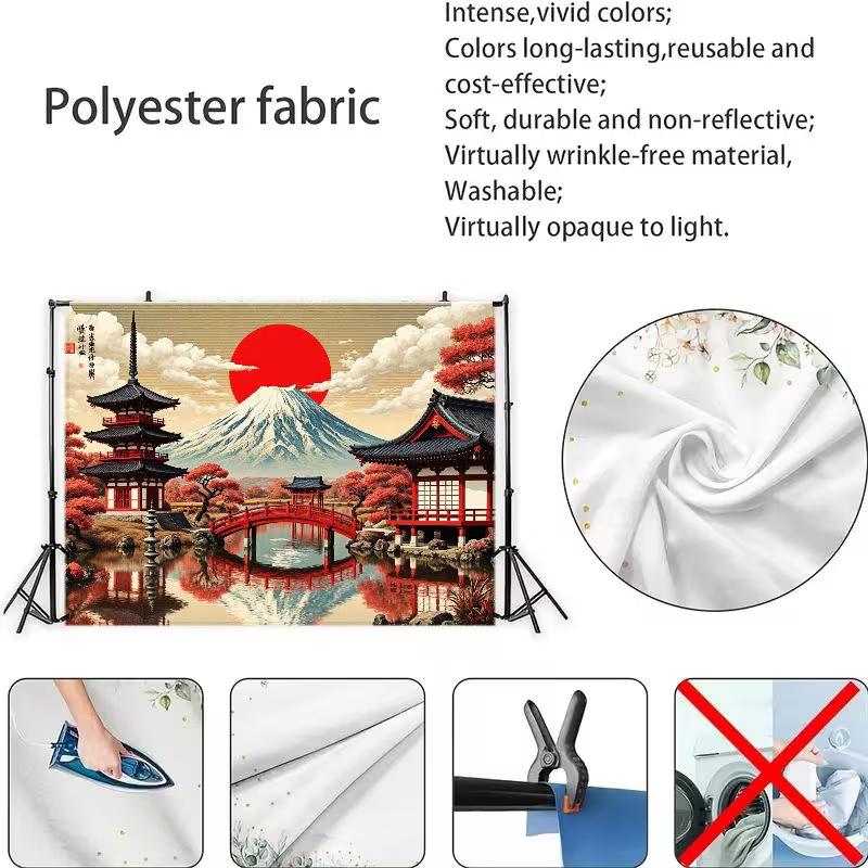 2D Mount Fuji Backdrop, Japanese Temple & Red Bridge Photography Background for Party Decor