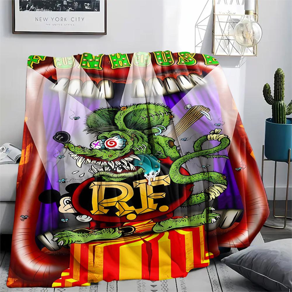 1PC Rat Fink Print Flannel Blanket, High Quality All Seasons, Home Decor, Warmth and Comfort, Perfect for Christmas Gifts