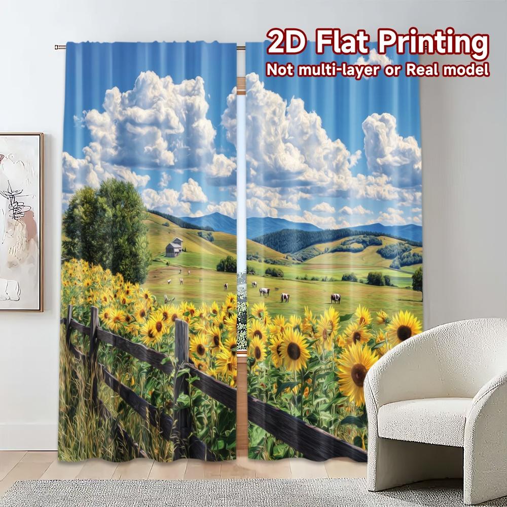 Set Of 2 Flat Printing Curtains Without Rod Sunflower Valley Chic Window Curtain Durable Polyester All Seasons