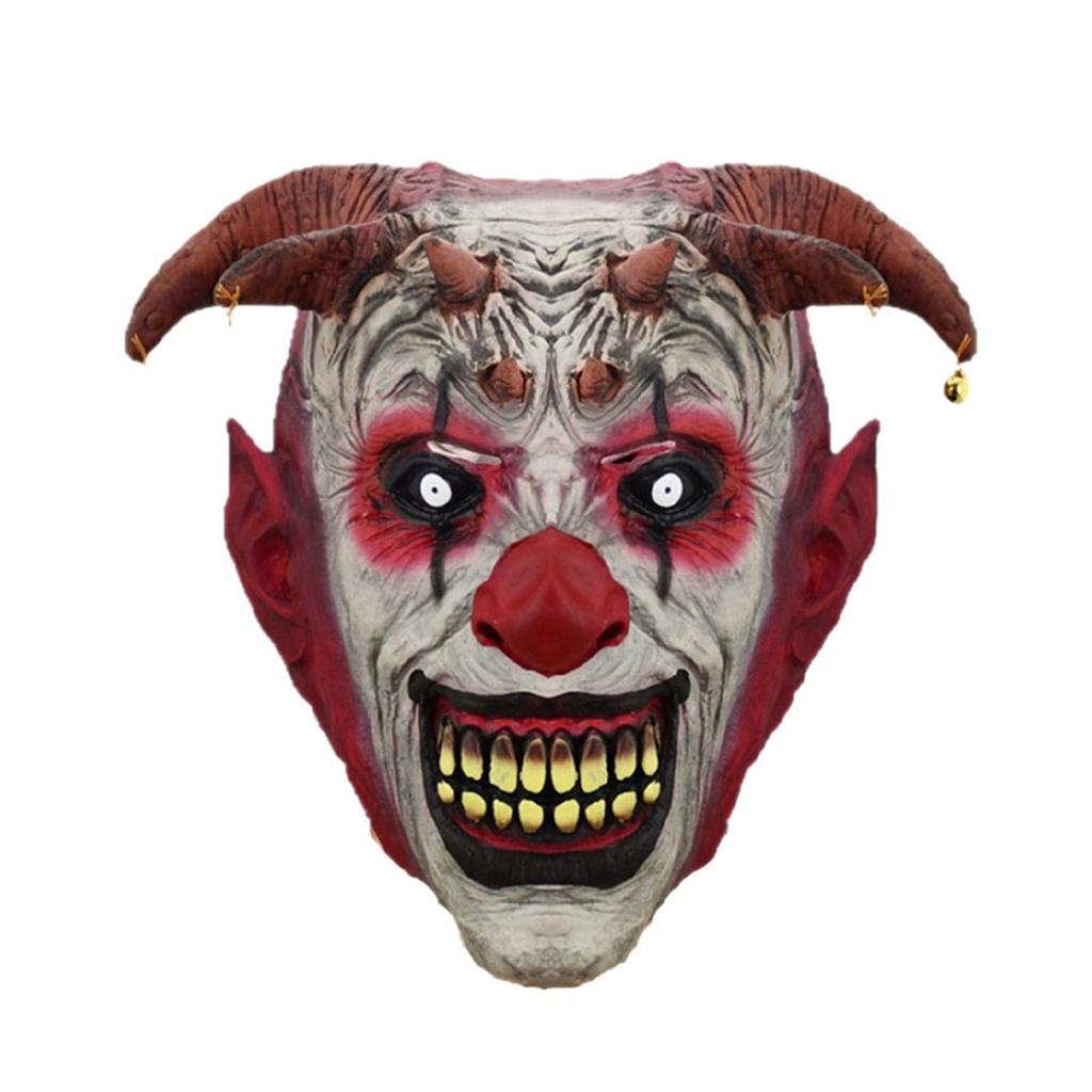 Hororová démonická klaunská latexová maska, se zvonky a rohy pro halloweenský cosplay kostým, párty oslavu, taneční akci s líčením