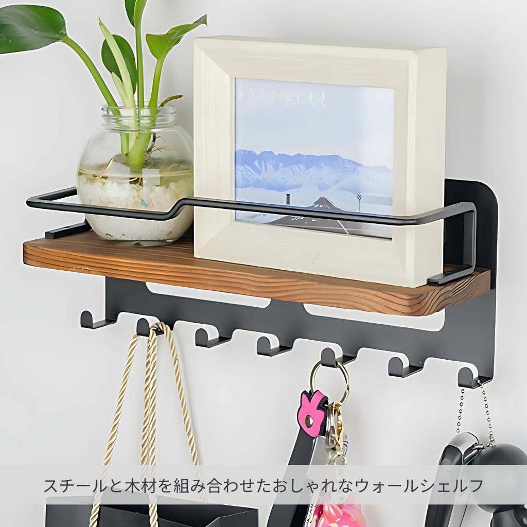 Adelphos Wall Shelf with 7 Wall Wall Fall Prevention Screw WS3 Hooks, Hanger, Storage, Frame, Wood, Mount, (1 Piece)