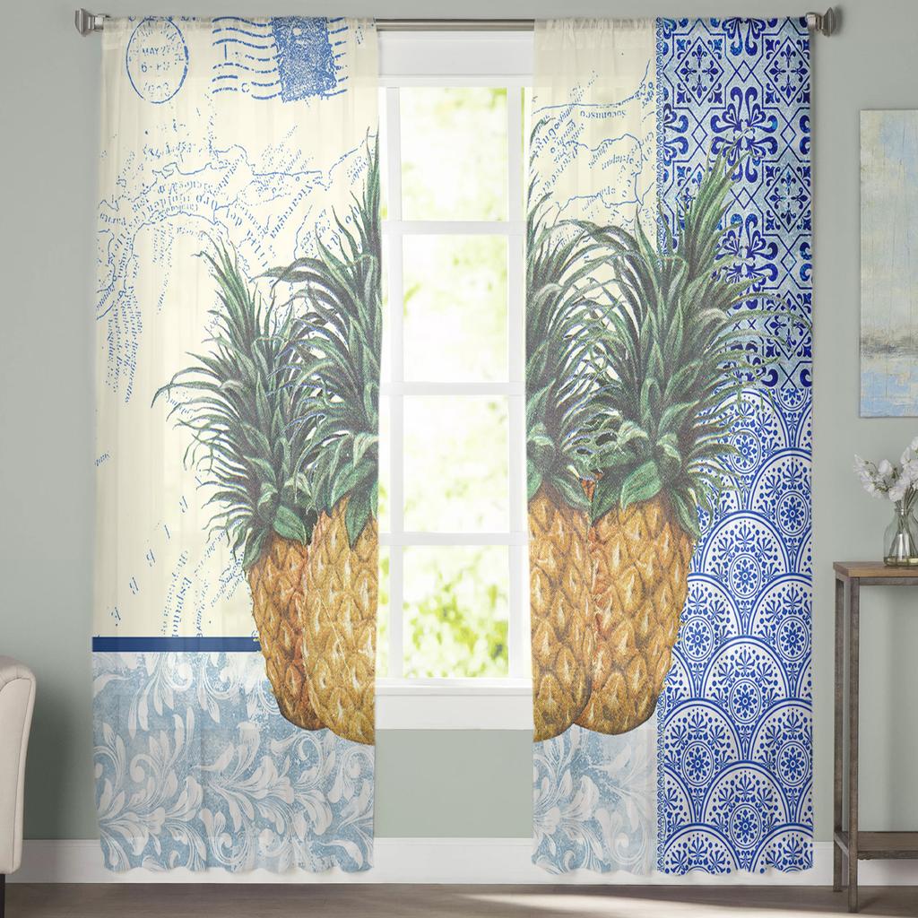 Blå och vit porslinstextur Ananas Tyllgardin Voile Transparent för Sovrum Vardagsrum Kök Skira Fönstergardiner