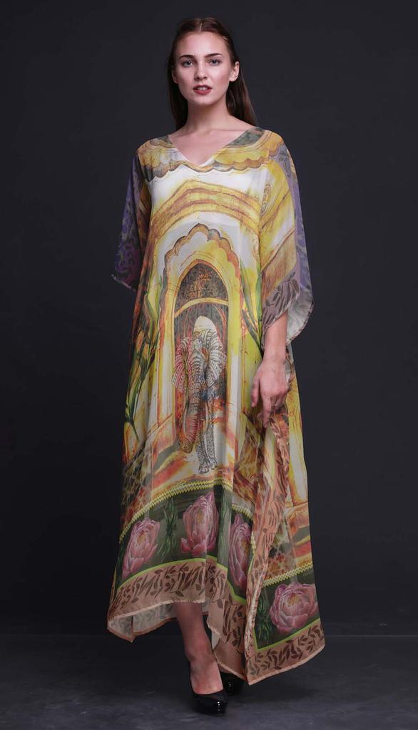 Phagun Elephant Mughal Ladies Kaftan Holiday Loungewear Maxi Dress Beach