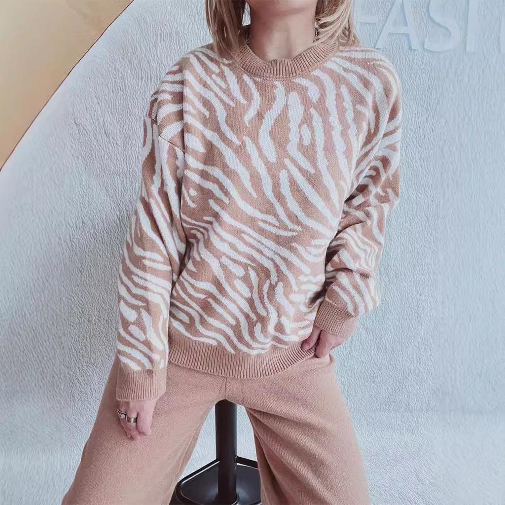 Women's new autumn and winter commuting knitted zebra print contrasting pullover sweater KTB