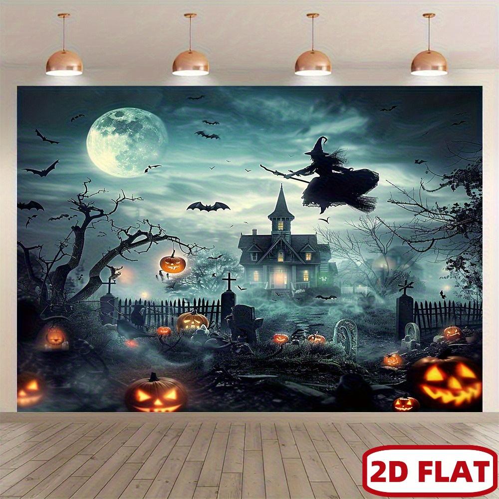 2D Flat Banner, Haunted Castle and Bat-witch Halloween Background -XY