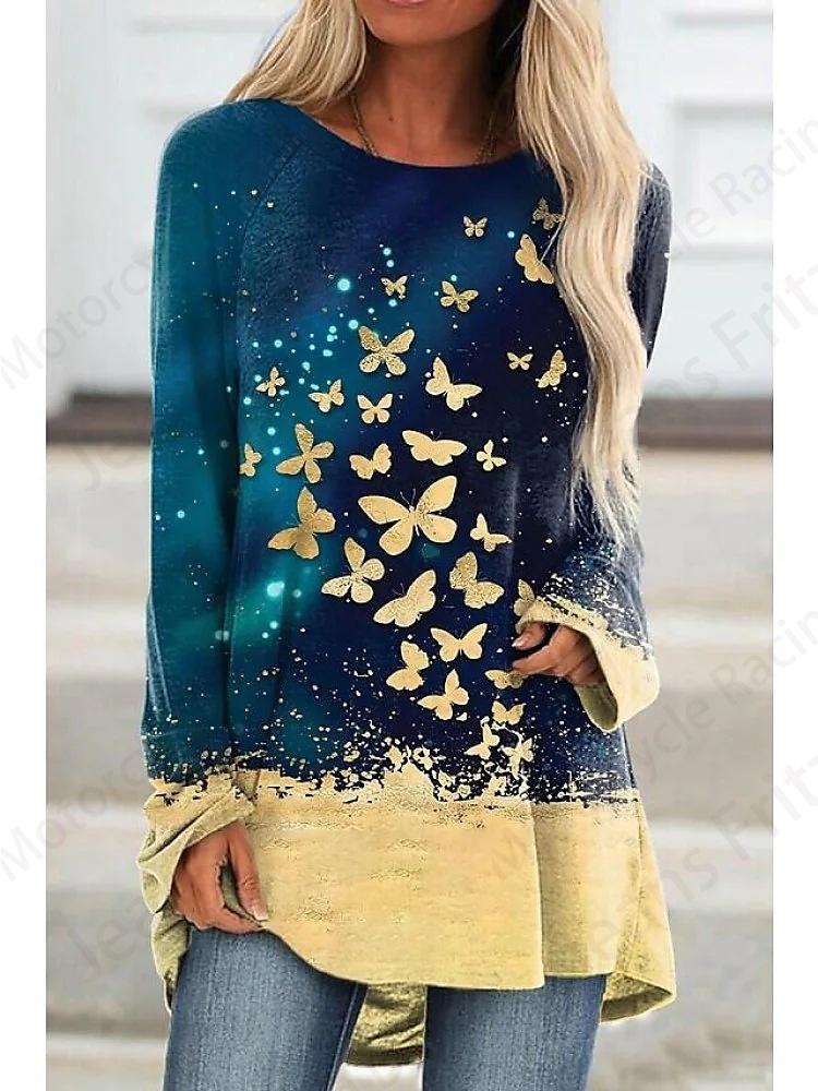 Large-sized Butterfly 3d Print Long Sleeve T-shirt Women Fashion Crewneck Long Tunic Tops Women Fall Animal Clothing Femme Tops Y2k Style