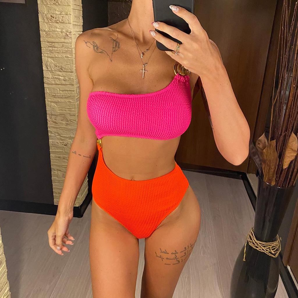 Spojování jednoho ramene Vrásčitá Pomačkaný Vystřižený Jednodílné Plavky Ženy Plavky Dámské Koupání Plavky Plavky