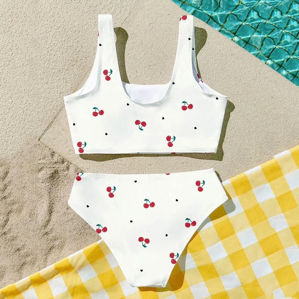 Girls Two Piece Swimsuit Tankini Set with Patterned Crop Top and Matching Bottoms for Swimming and Beach Activities
