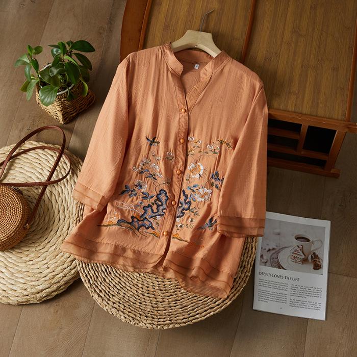 2023 Summer High-End Cotton Linen Frog Button Embroidered Blouse