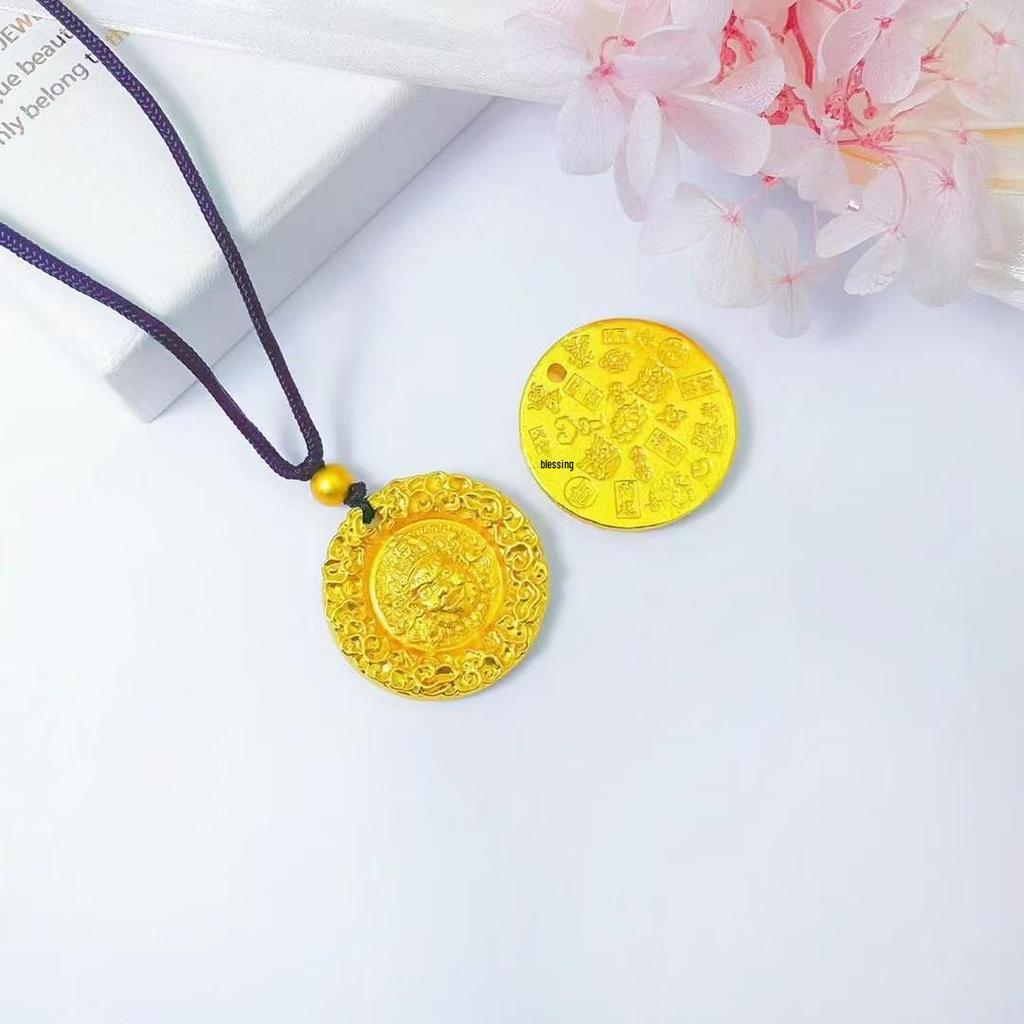 Vietnamese Sand Gold Yellow God of Wealth Pendant: Auspicious Chiseled Amulet Sweater Chain for Men's and Women's Benming Year