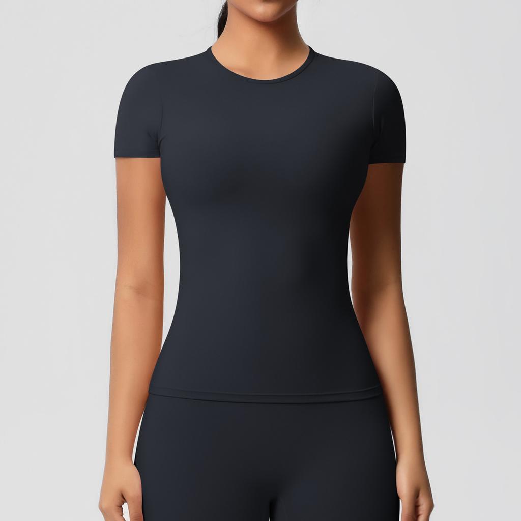 Solid color double-sided abraded tight sports short-sleeved T-shirt sports running fitness yoga clothes top women