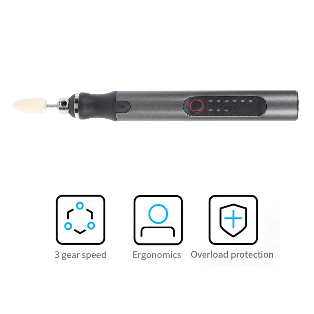 Caneta de Gravação Elétrica com 6 Brocas Recarregável Tipo C USB Baixo Ruído Controle de 3 Velocidades para Metal Madeira Vidro Plástico