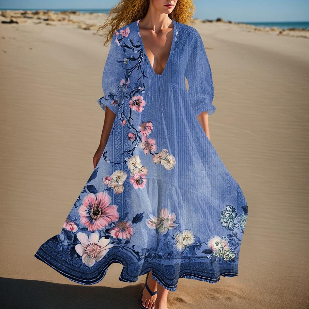 Women's Summer Fashion V-neck Retro Floral Print Short Sleeved Beach Dress With Lace Patchwork Dress
