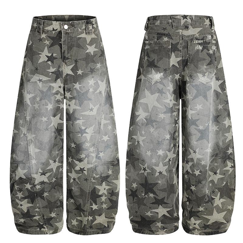 Japanese Style Star Print Camo Denim Jeans - Loose Fit Small камуфляжный